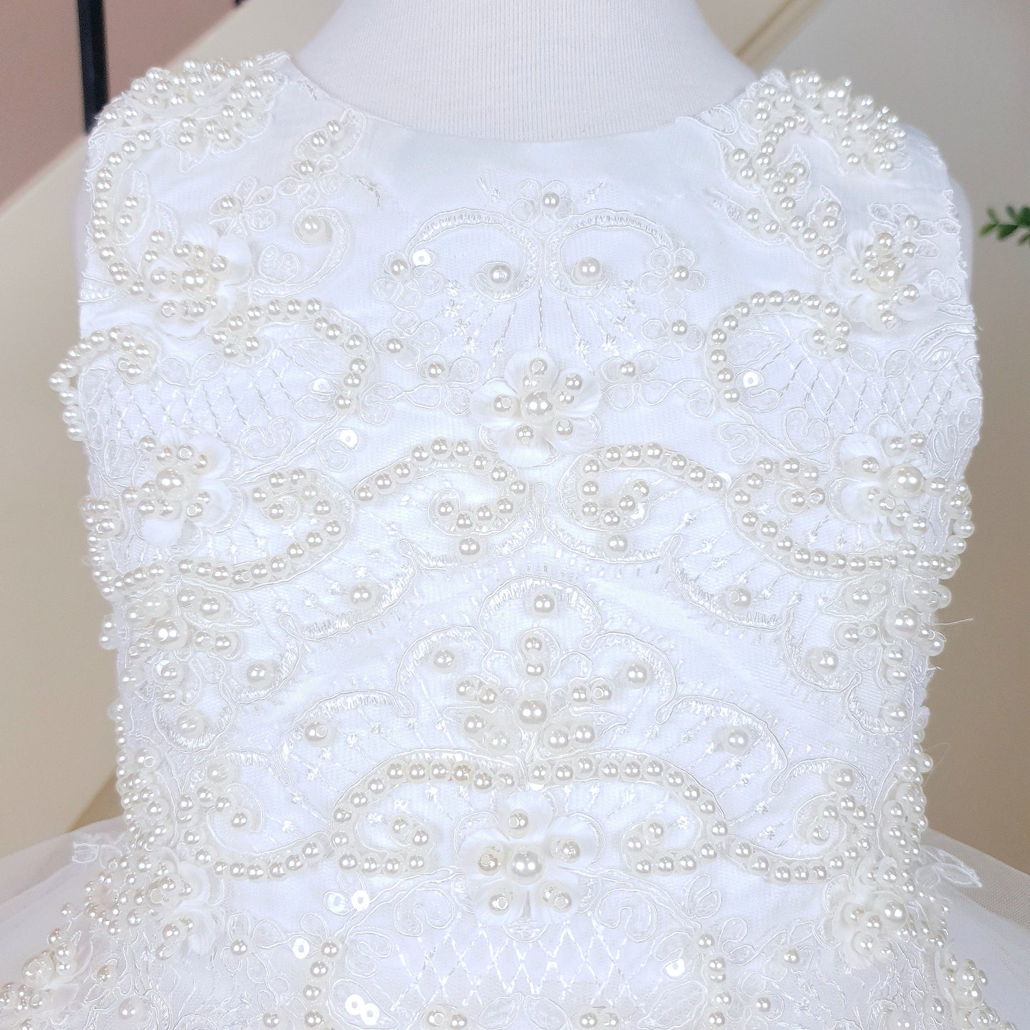 Elegant beaded bodice layered tulle off-white dress
