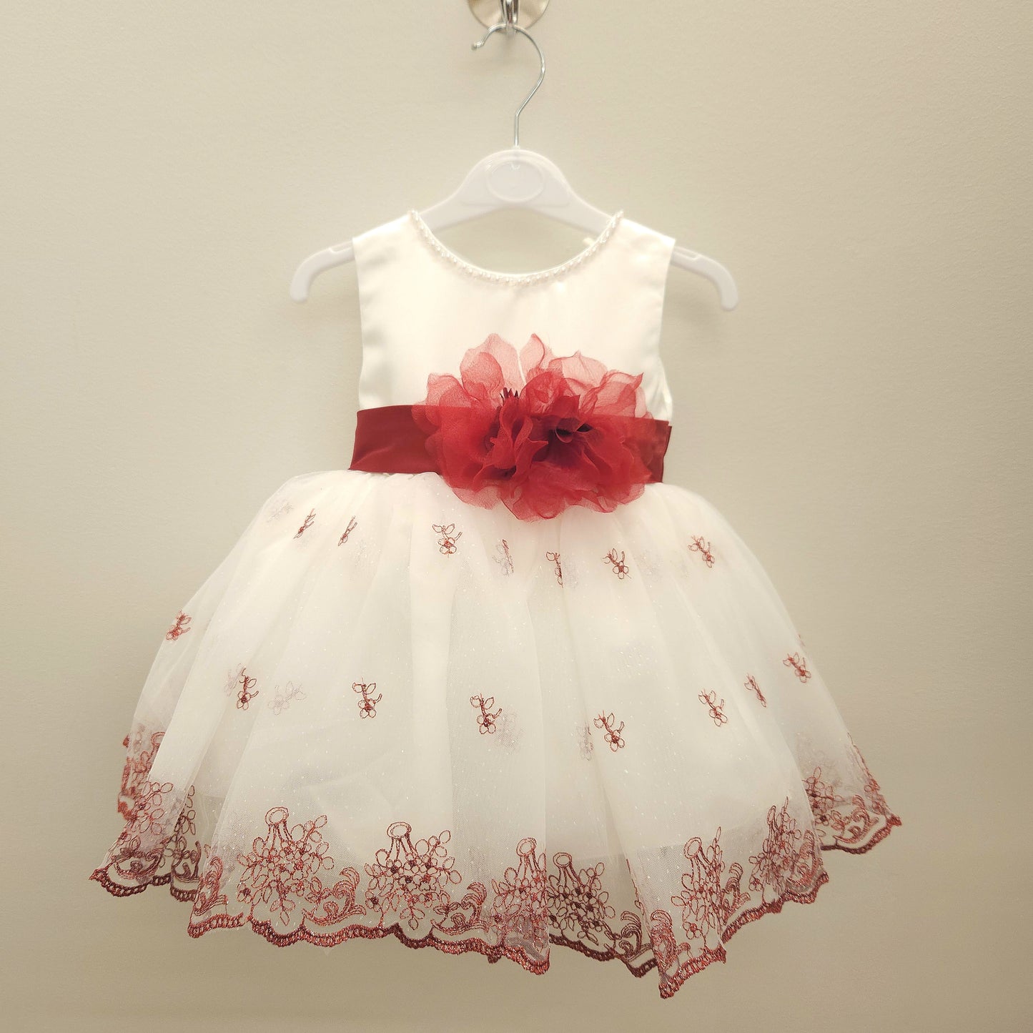 Chiffon flower with floral embroidery maroon dress