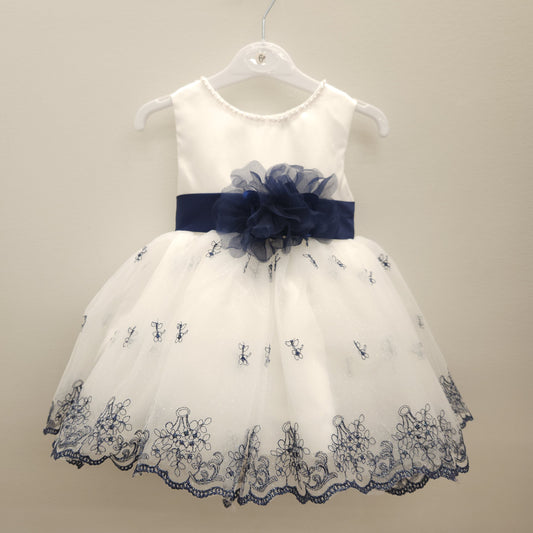 Chiffon flower with floral embroidery navy dress