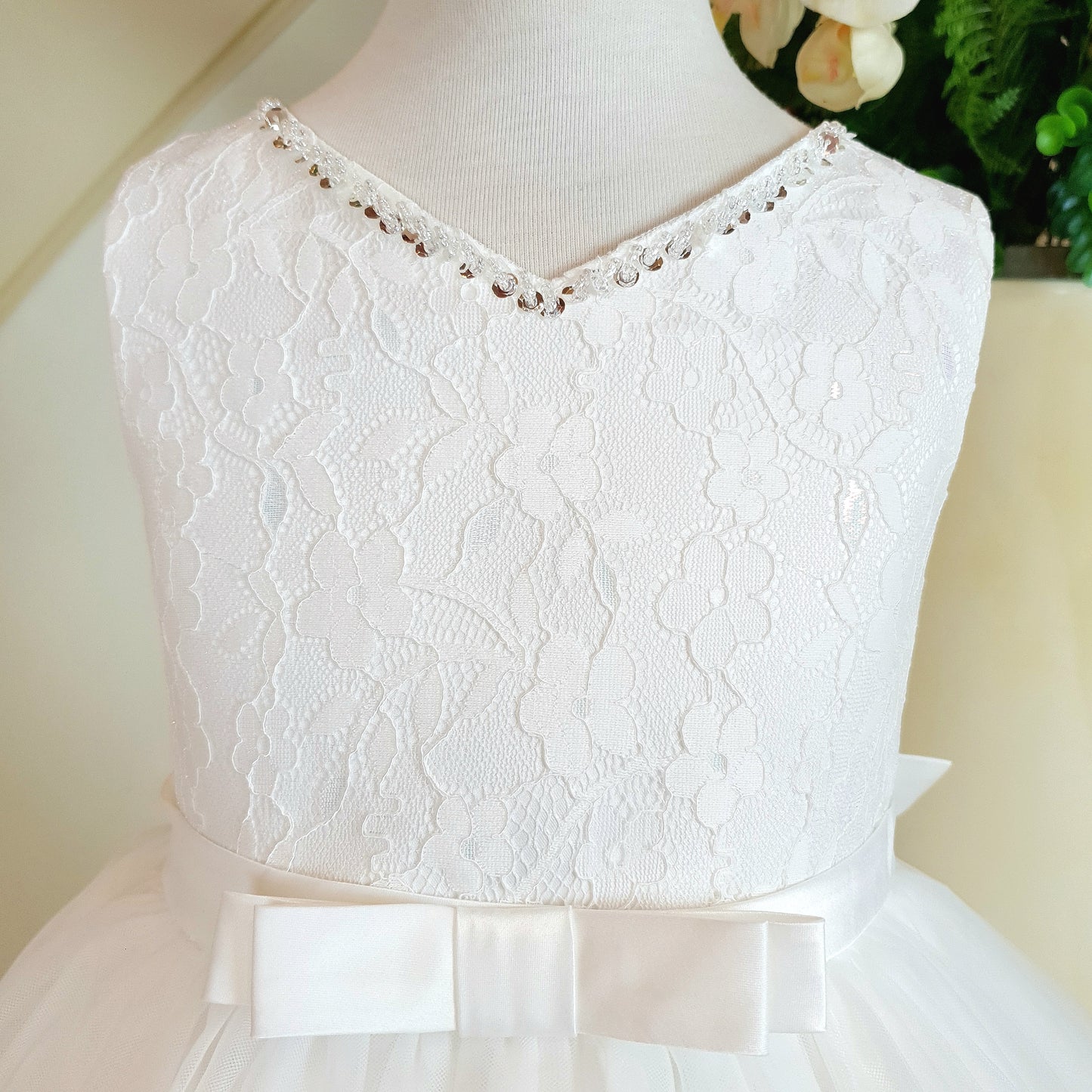 Floral lace and appliques with big bow white dress
