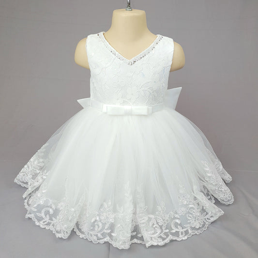 Floral lace and appliques with big bow white baby dress