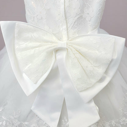 Floral lace and appliques with big bow white baby dress