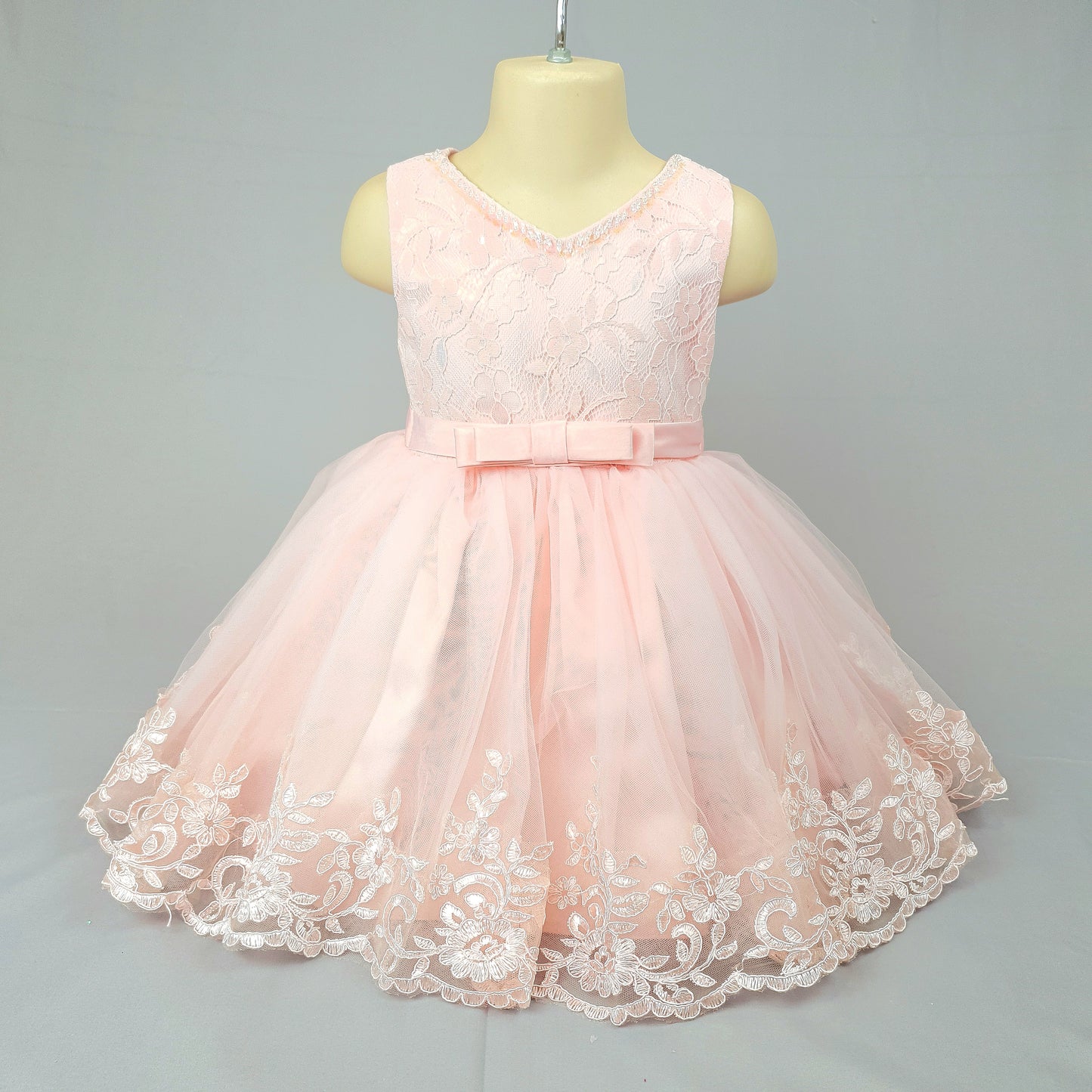 Floral lace and appliques with big bow peach dress