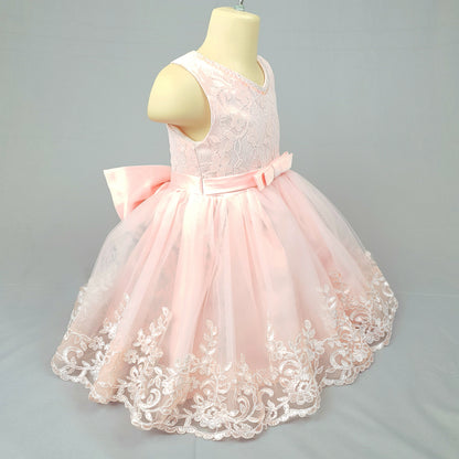 Floral lace and appliques with big bow peach dress
