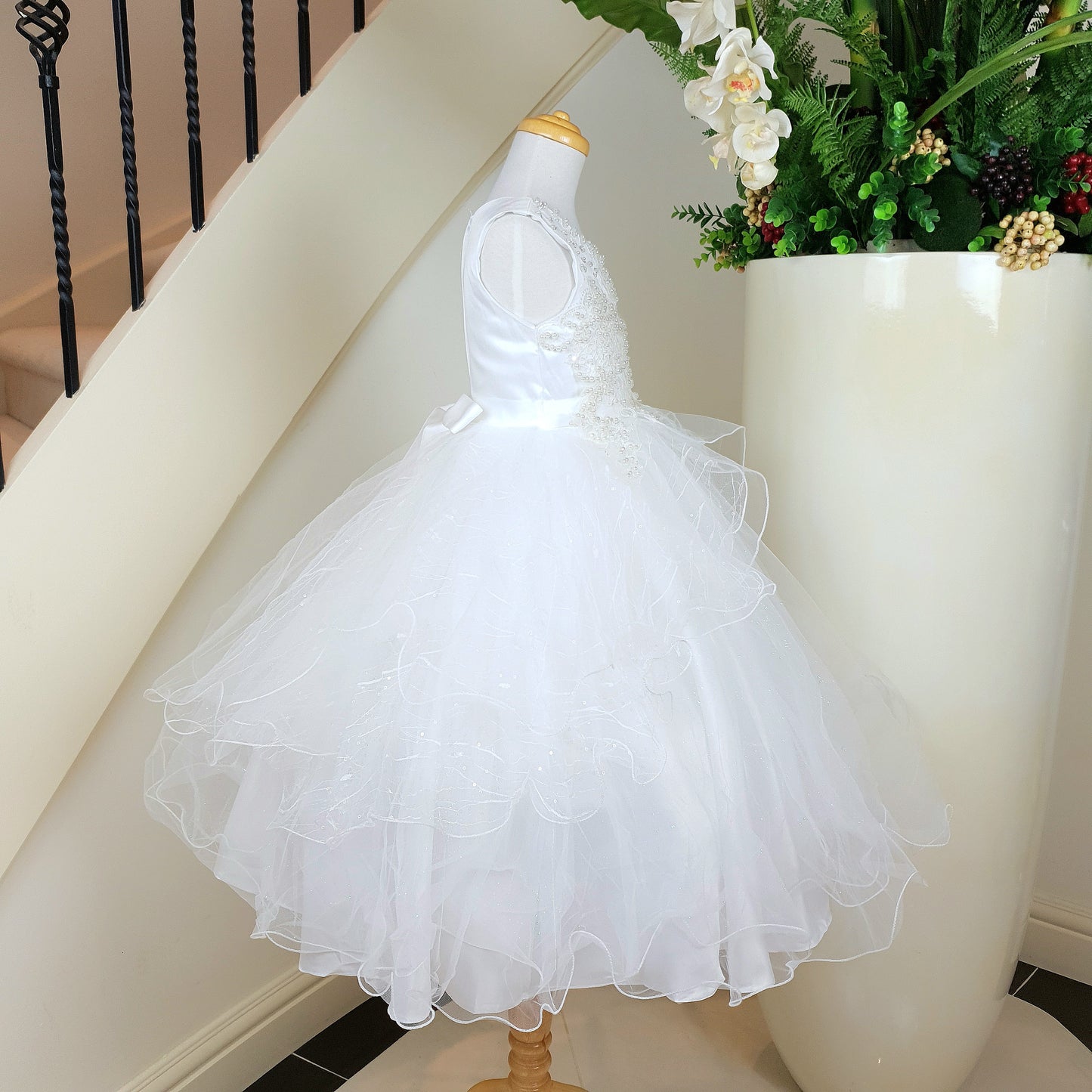 Elegant beaded bodice white dress