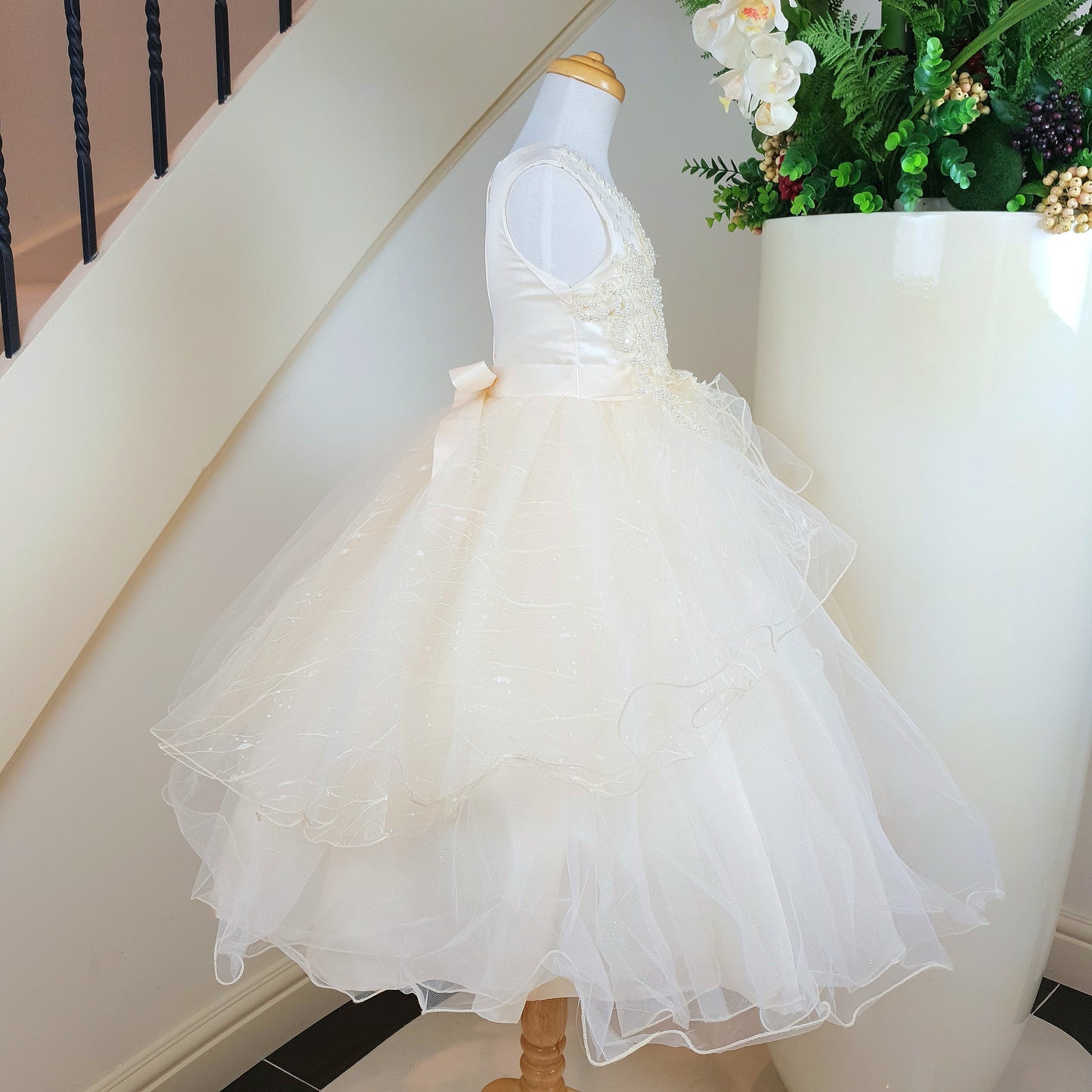 Elegant beaded bodice cream dress
