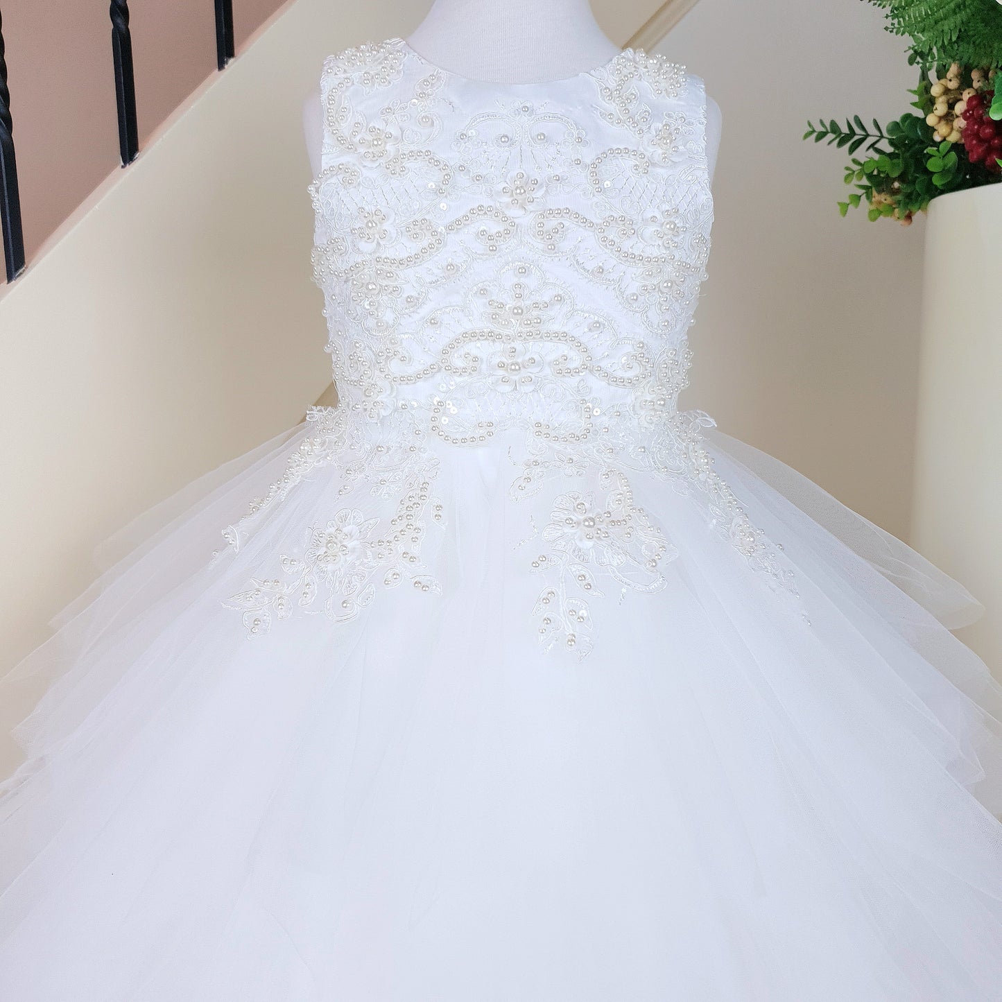 Elegant beaded bodice layered tulle white dress