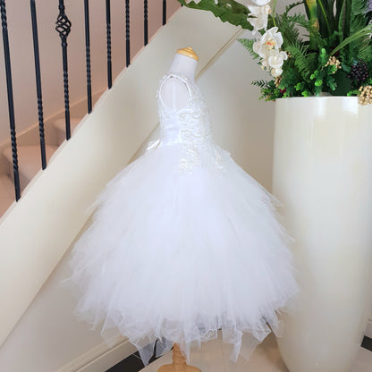 Elegant beaded bodice layered tulle white dress