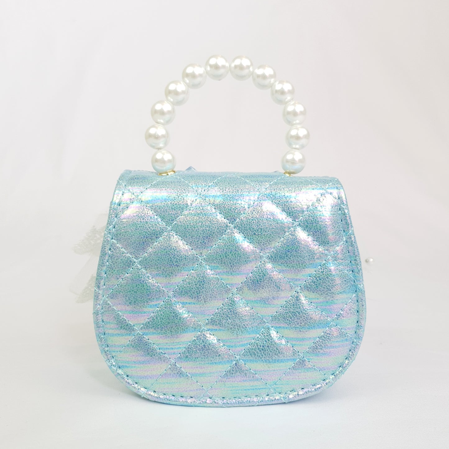 Quilted blue bag with frilly lace