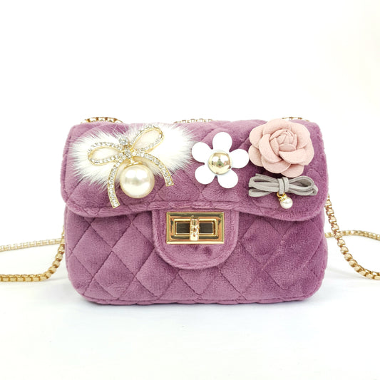 Purple fur quilted embellishments handbag