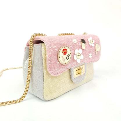 Pink, tan and grey sequined with embellishments handbag