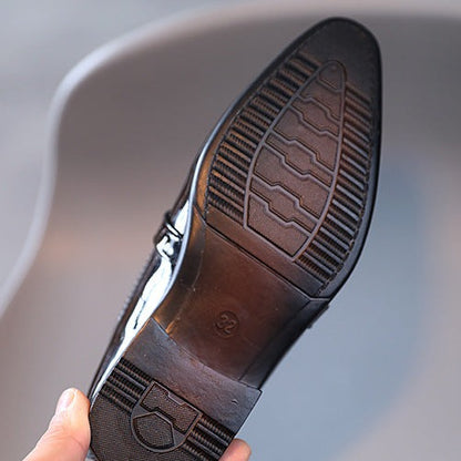 Black patent slip-on shoes with gold reflective
