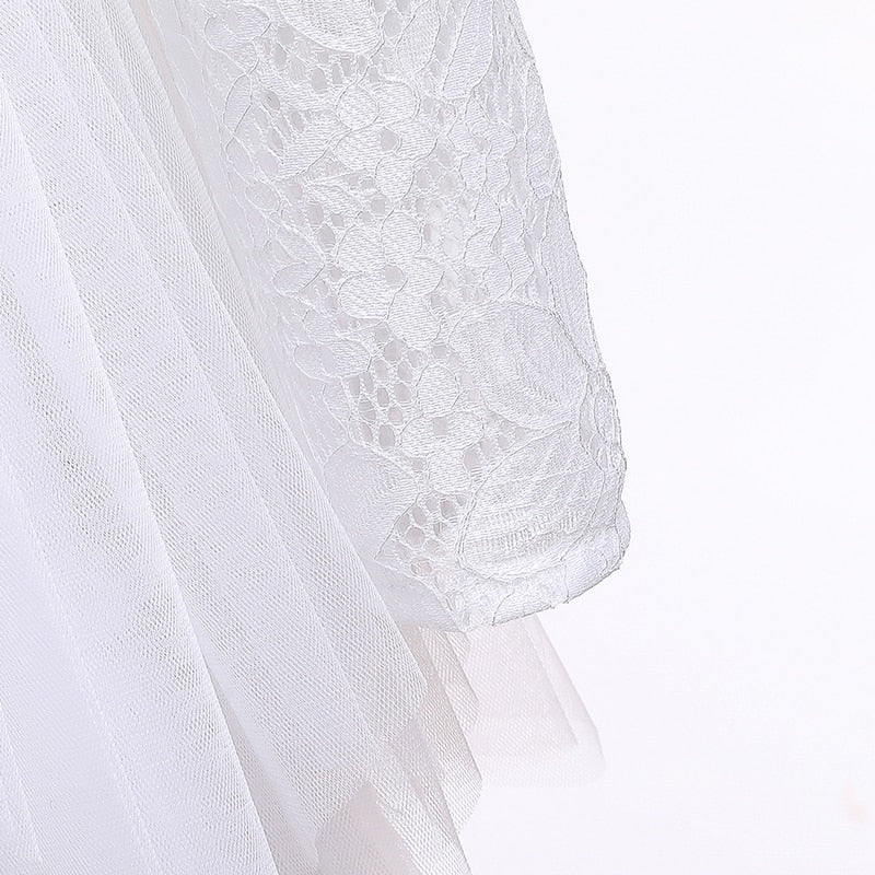Lace long sleeve layered tulle white dress