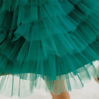 Layered tulle dress in emerald green