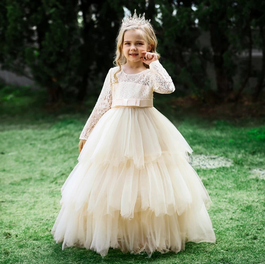 Lace long sleeve layered tulle cream dress